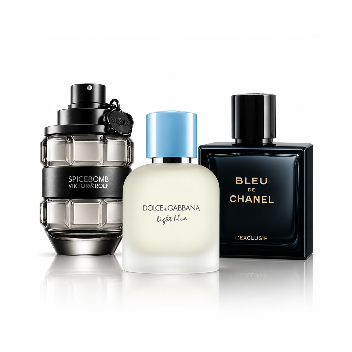 Sada 3 parfumov |Spicebomb Viktor&Rolf Eau de Toilette – 100 ml | Light Blue Pour Homme Dolce&Gabbana Eau de Toilette – 100 ml | Bleu de Chanel L’Exclusif – 100 ml